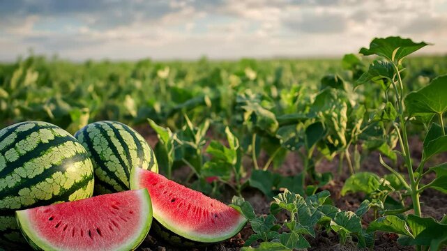 Ripe watermelon harvest and fresh slices displayed in a lush field, harvest ripe watermelon and slice on field video background stock