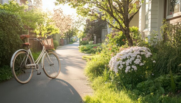 Vintage Bicycle on a Sunny Residential Street - Powered by Adobe