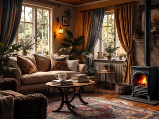 Fototapeta premium Interior Cozy Home with Wood Burning Stove and Patterned Rug in Relaxing Atmosphere Decor