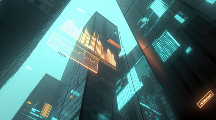 A futuristic city skyline with digital charts reflecting business growth, financial forecasts, and corporate evolution. Glowing data overlays highlight economic trends and company performance