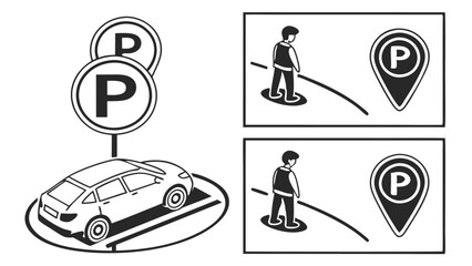 Parking Icons Set with Cars, Parking Signs, and Travel Symbols on Transparent Background