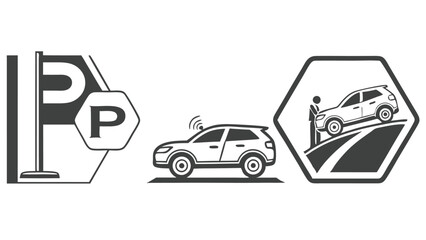 Parking Icons Set with Cars, Parking Signs, and Travel Symbols on Transparent Background