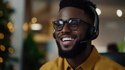 Fototapeta premium Smiling call center agent with headset providing excellent service