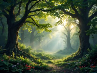 Fototapeta premium Serene Forest Path Sunlight Through Ancient Trees Tranquil Scene Woodland Walk Lush Greenery Magic