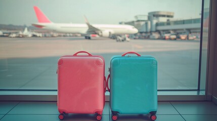 Colorful luggage stands at an airport terminal with a plane in the background, ready for travel