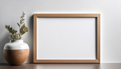 Stylish A3 A Wooden Frame Mockup Against a Clean White Backdrop, Perfect for Showcasing Landscape Artwork or Design Elements with Warm Tones and Natural Textures.