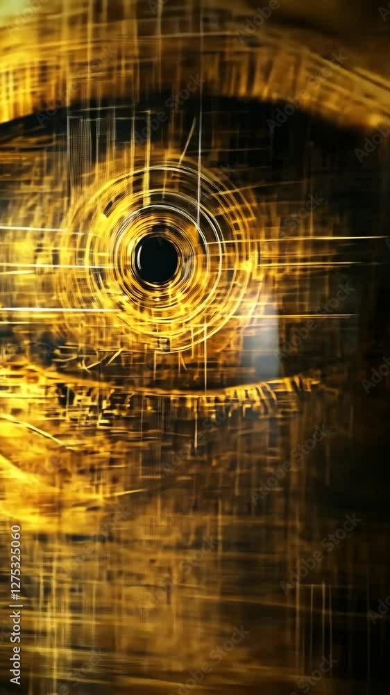 Poster abstract representation of an eye with swirling golden patterns and intricate details at a close ran