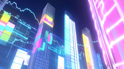 A futuristic city skyline with digital charts reflecting business growth, financial forecasts, and corporate evolution. Glowing data overlays highlight economic trends and company performance