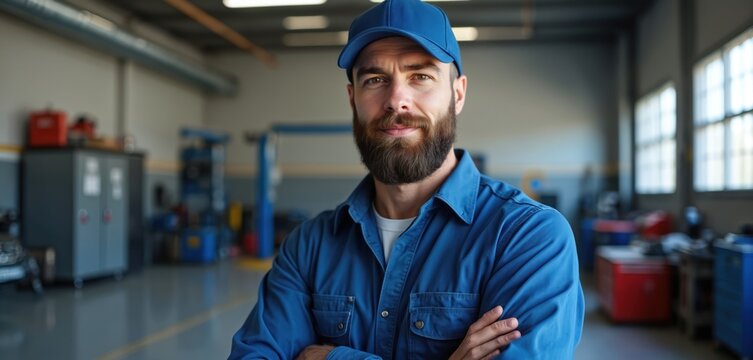 Confident bearded mechanic in blue uniform stands in auto repair shop with arms crossed. Portrait automotive engineer looking at camera in garage. Workshop background. Car service concept.