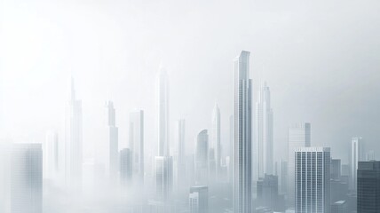 Fototapeta premium Tall skyscrapers rise above the foggy skyline of a bustling metropolis during early morning hours, creating a dramatic urban view shrouded in mist