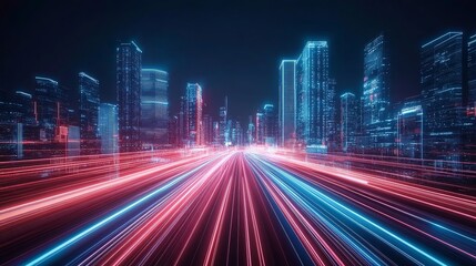 High-speed light trails flowing through futuristic mega city with neon skyscrapers and motion blur in a cyberpunk technology background