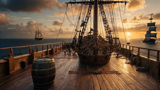 Video footage of wooden deck of a historic sailing ship at sunset, with barrels and rigging visible. Two other ships sail in the distance on the ocean