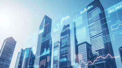 A futuristic city skyline with digital charts reflecting business growth, financial forecasts, and corporate evolution. Glowing data overlays highlight economic trends and company performance