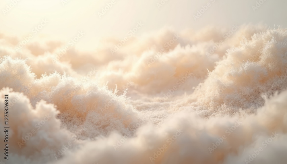 Poster close-up of beige fluffy texture resembling clouds, cotton or wool. neutral color palette, soft grad