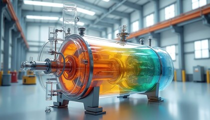 Chemical reactor stirred tank. Fluid dynamics simulation of mixing efficiency, turbulence patterns. Production process. Glass walls allow seeing fluid flow behavior. Equipment used in chemical,