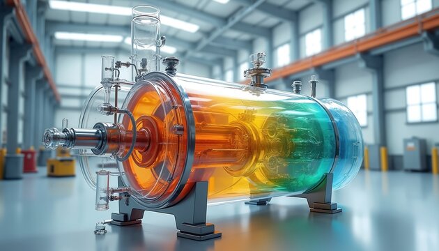 Chemical reactor stirred tank. Fluid dynamics simulation of mixing efficiency, turbulence patterns. Production process. Glass walls allow seeing fluid flow behavior. Equipment used in chemical,