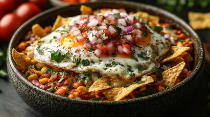 Delicious breakfast bowl with eggs tomatoes and chips. Generative AI