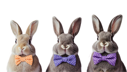 Three Easter bunnies with bowties, looking directly at camera. Possible use Cute holiday greeting card