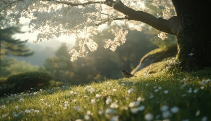Fototapeta premium Small Bird in a Sunlit Meadow under Cherry Blossoms