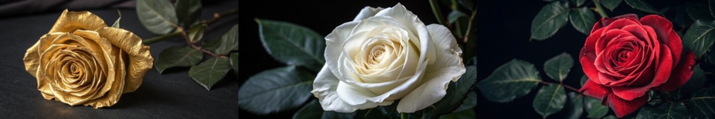 Obraz premium A trio of roses showcasing gold, white, and red hues.