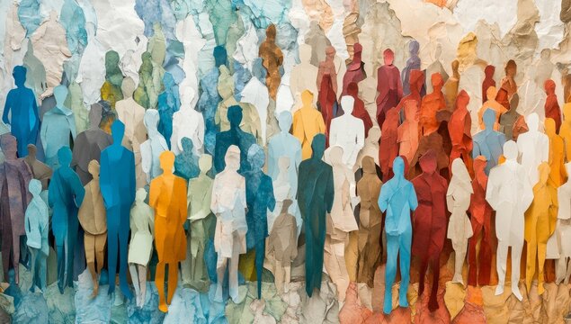 Diverse crowd paper figures on textured background, community concept