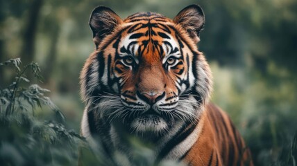 Obraz premium Tiger resting in lush green surroundings during golden hour light in a tranquil forest habitat