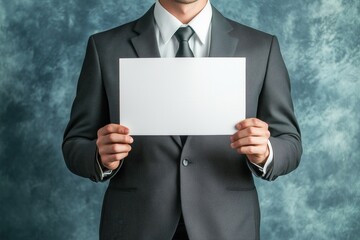 man in a suit holding a white paper speech bubble