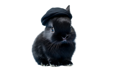 Cute black rabbit wearing beret, studio shot