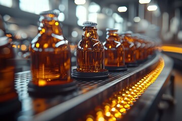 Bottles moving on a conveyor belt. AI.