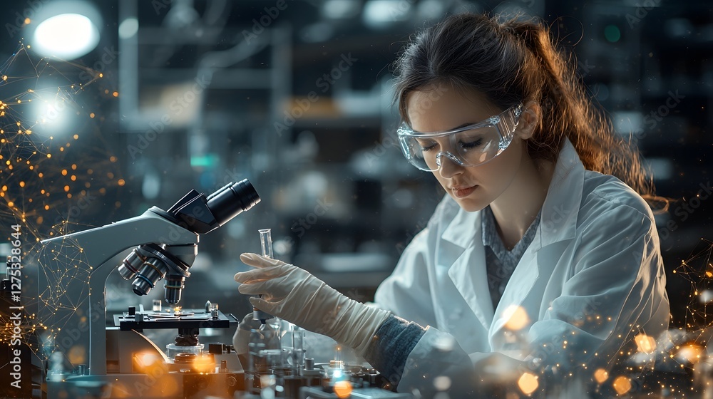 Poster a female scientist dressed in a lab coat intently examines samples through a high powered microscope