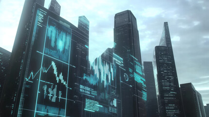 A futuristic city skyline with digital charts reflecting business growth, financial forecasts, and corporate evolution. Glowing data overlays highlight economic trends and company performance