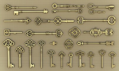 Antique gold keys. AI.