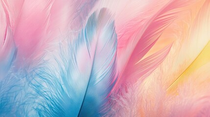 Obraz premium A serene and abstract composition of colorful feather textures, blending soft pink, blue, and yellow hues, inspiring a sense of calm and creativity.