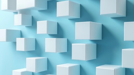 Abstract background with scattered white cubes on light blue.