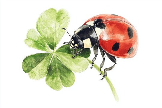 A detailed illustration of a vibrant ladybug resting on a green clover leaf, showcasing nature's beauty and intricate details.