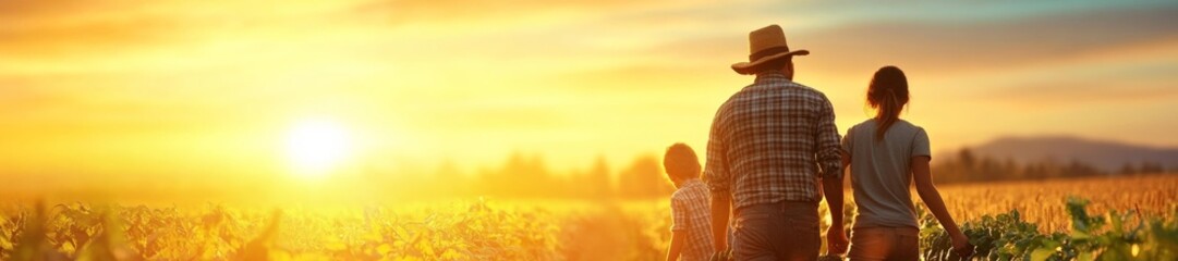 Fototapeta premium Family walking together in sunset over a farm field. Generative AI
