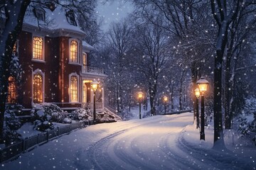  Snowy Winter Wonderland with Brick Mansion, Glowing Lamps, and Magical Ambiance
