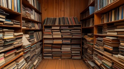 Obraz premium Old wooden library filled with books and cluttered shelves in a cozy environment. Generative AI