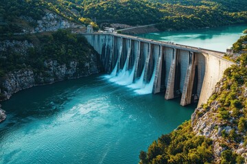 A stunning view of a large dam surrounded by lush green hills and a serene blue lake, showcasing the harmony between nature and engineering.