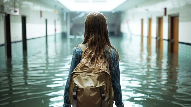 A young girl stands alone in a flooded hallway, highlighting the impact of environmental disasters on communities and the innocent lives affected.