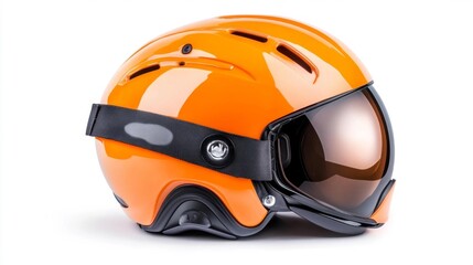Fototapeta premium Orange glossy helmet with black strap and visor. Generative AI