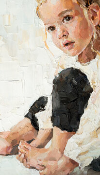 Portrait of a little cute girl. Child's face on a white background. Oil painting on canvas.