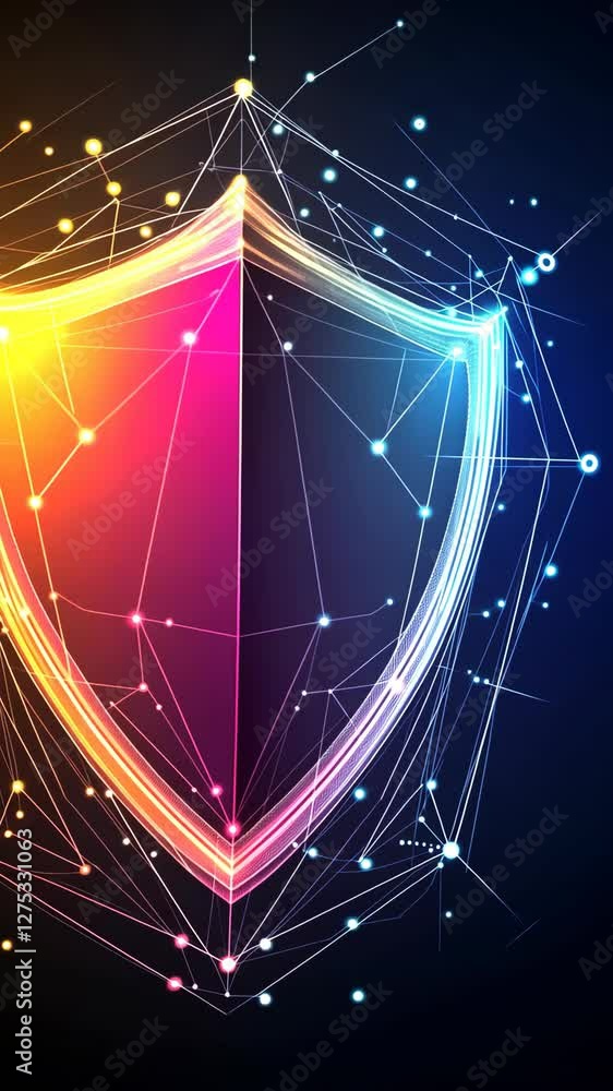 Poster digital shield design with vibrant colors and network connections representing technology and securi
