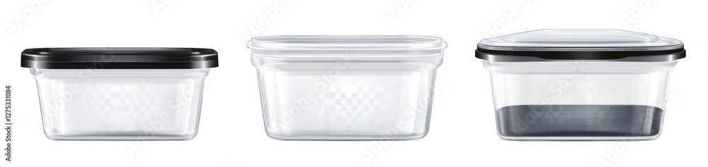 Poster set of small plastic containers with hinged lids for food storage different sizes isolated on transp