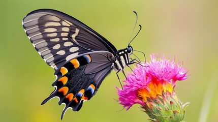 Fototapeta premium Black Butterfly with Orange Accents on Pink Flower
