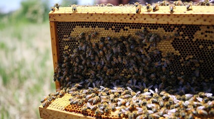 Close-Up View of Bees on Honeycomb in Natural Outdoor Environment