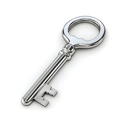 Shiny Silver Key on White Background with Reflection and Shadow