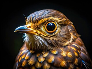 Intricate owl details revealed in a captivating night bird close-up. Dark plumage, sharp focus.