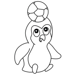 Cute cartoon hand drawn vector penguin playing with football coloring page.