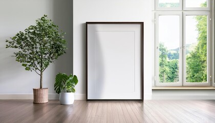 Scandinavian Charm A Vertical Frame Filled with Green Trailing Plant in Modern Interior, Showcasing a Sunlit Window and Minimalist Elegance